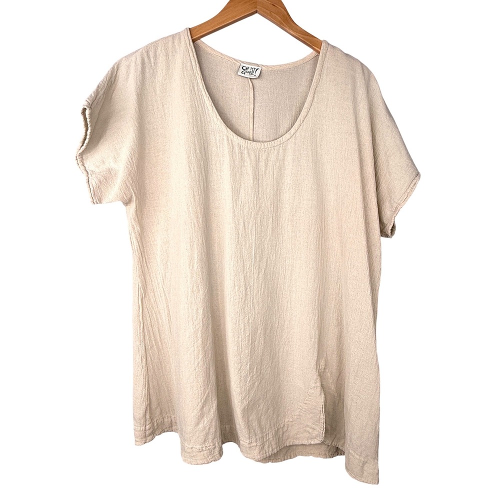 Oh My Gauze Tunic Top Womens 2 L-XL Beige Cotton Short Sleeve Scoop Neck - Picture 7 of 7